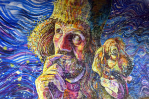 Mural of a man and dog against a starry sky