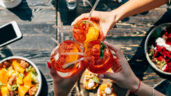 Restaurant table with dinner and drinks