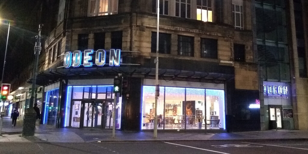 Cinema exterior at night in Edinburgh
