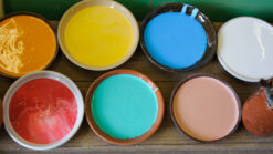 Colourful paints in pots