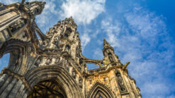 Looking up at the Scott Monument Gothic tower in Edinburgh