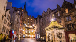 View up Victoria Street in Edinburgh at night